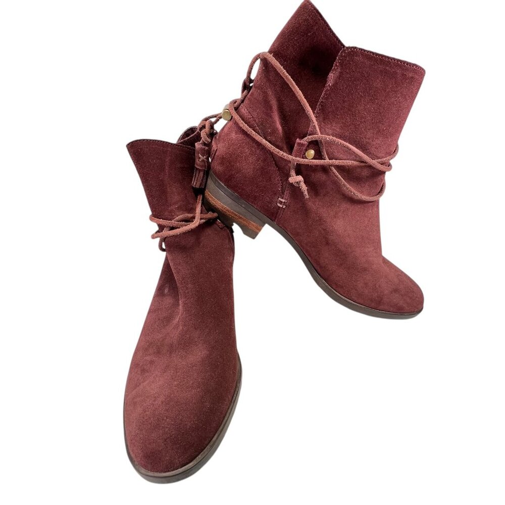 Sorel Womens Burgundy Suede Ankle Boots Wraparound Tassel Laces Low Block Heel - Picture 3 of 16